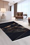 Dijidekor Halı Siyah Gold Cool Yıkanabilir Saçaklı Kesme İnce Yolluk Kilim Salon Halısı Modelleri